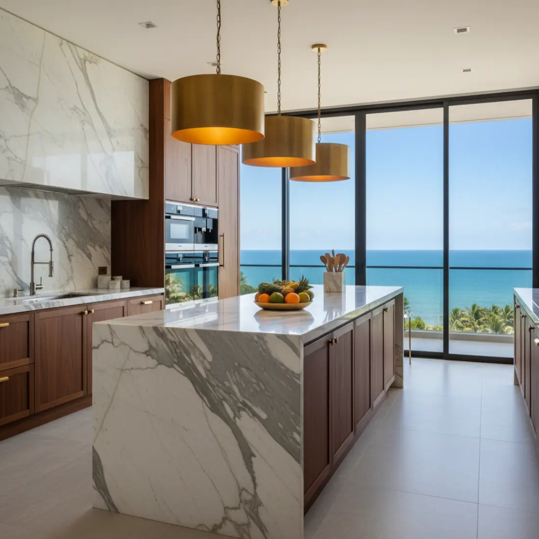 Cozinha gourmet com ilha em mármore