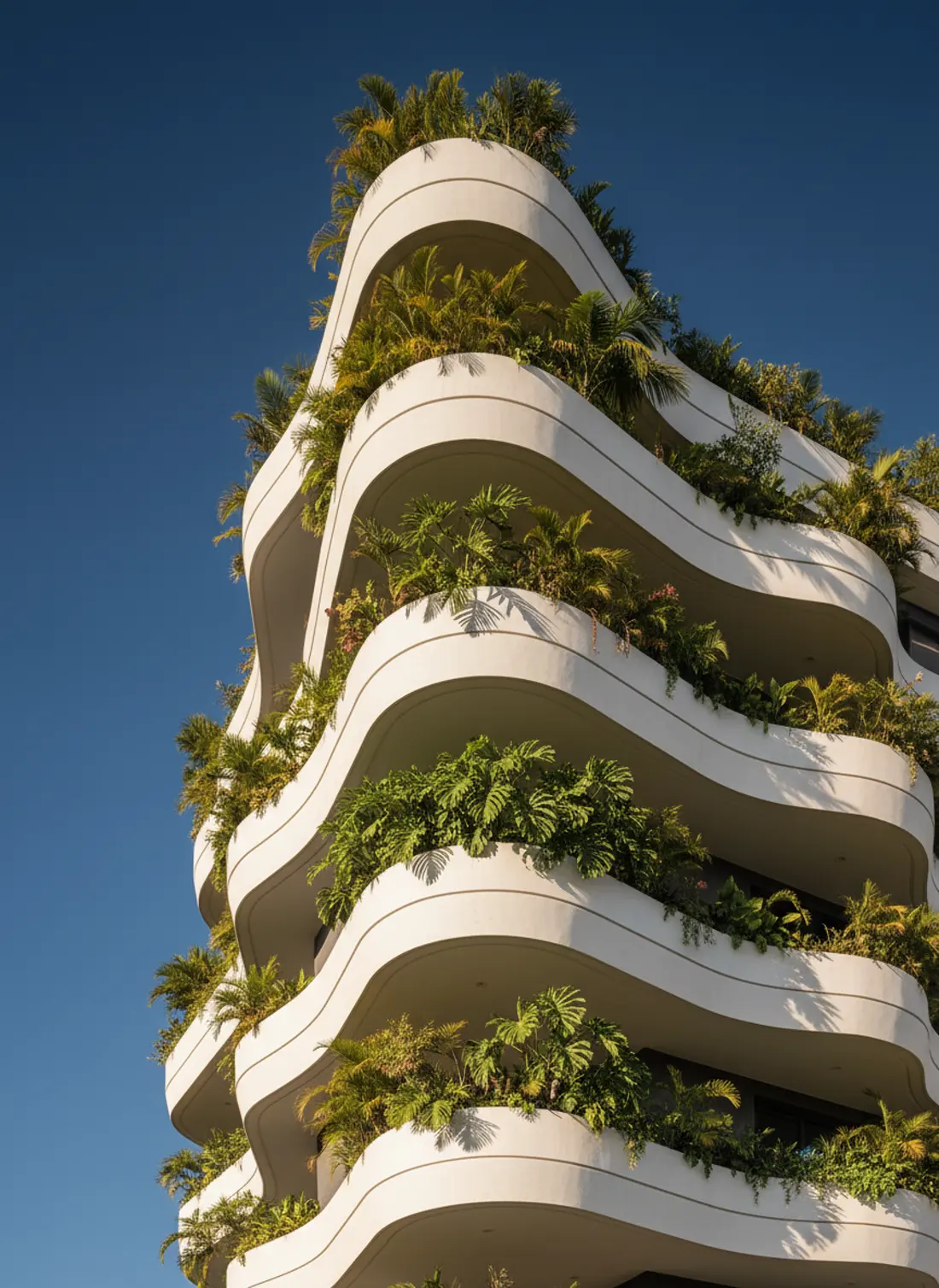 Edifício residencial de alto padrão com varandas curvas e jardins