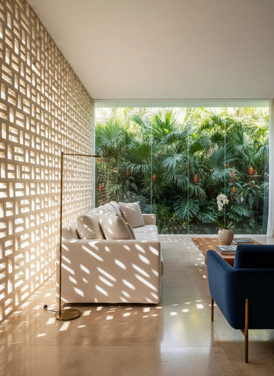 Interior de apartamento com cobogó e jardim tropical